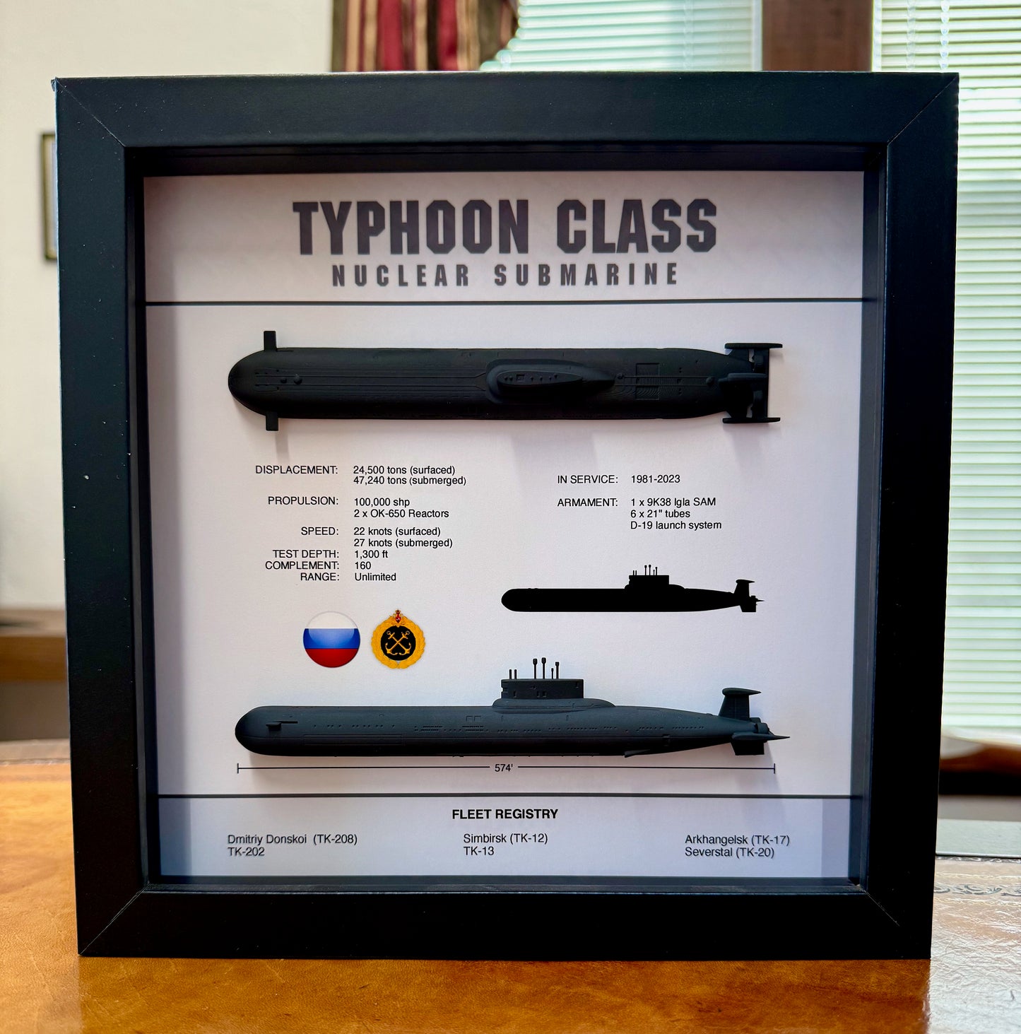Typhoon Class Submarine Memorial Display Shadow Box, Akula Class, 9" x 9", Large, Black