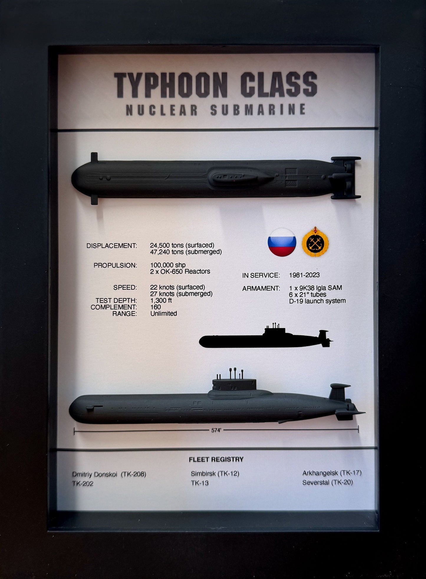 Typhoon Class Submarine Memorial Display Shadow Box, Akula Class, 6" x 8", Black