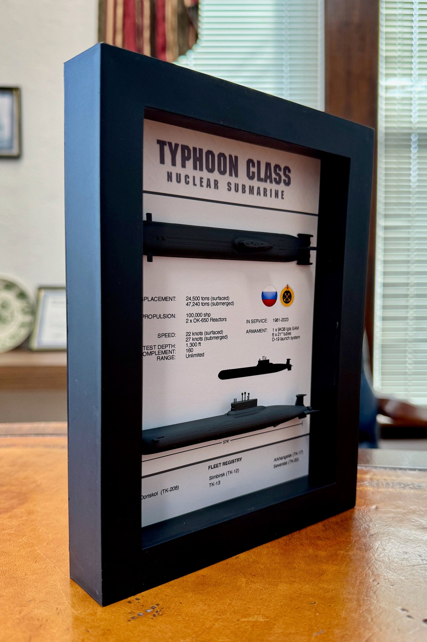 Typhoon Class Submarine Memorial Display Shadow Box, Akula Class, 6" x 8", Black