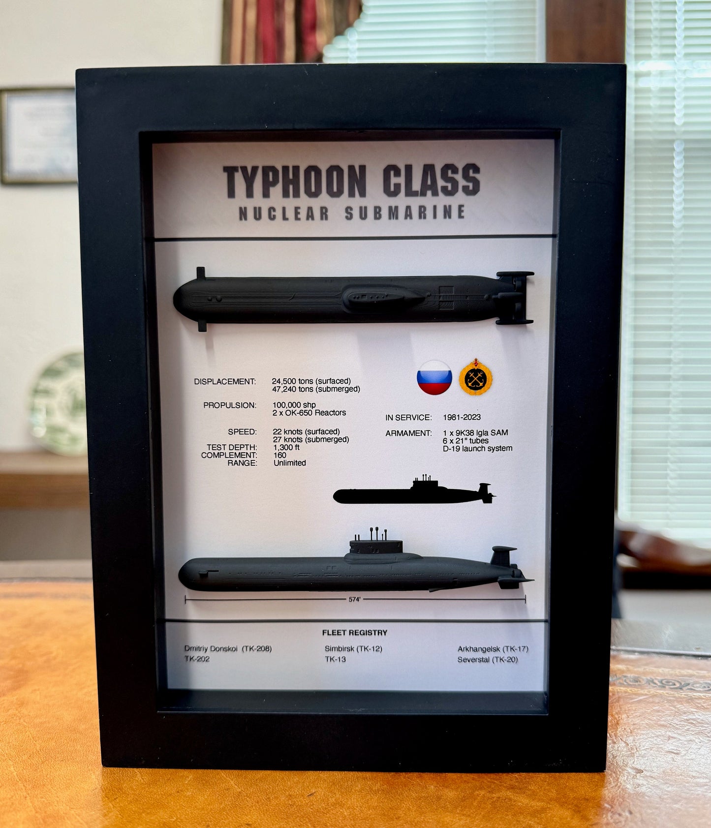 Typhoon Class Submarine Memorial Display Shadow Box, Akula Class, 6" x 8", Black
