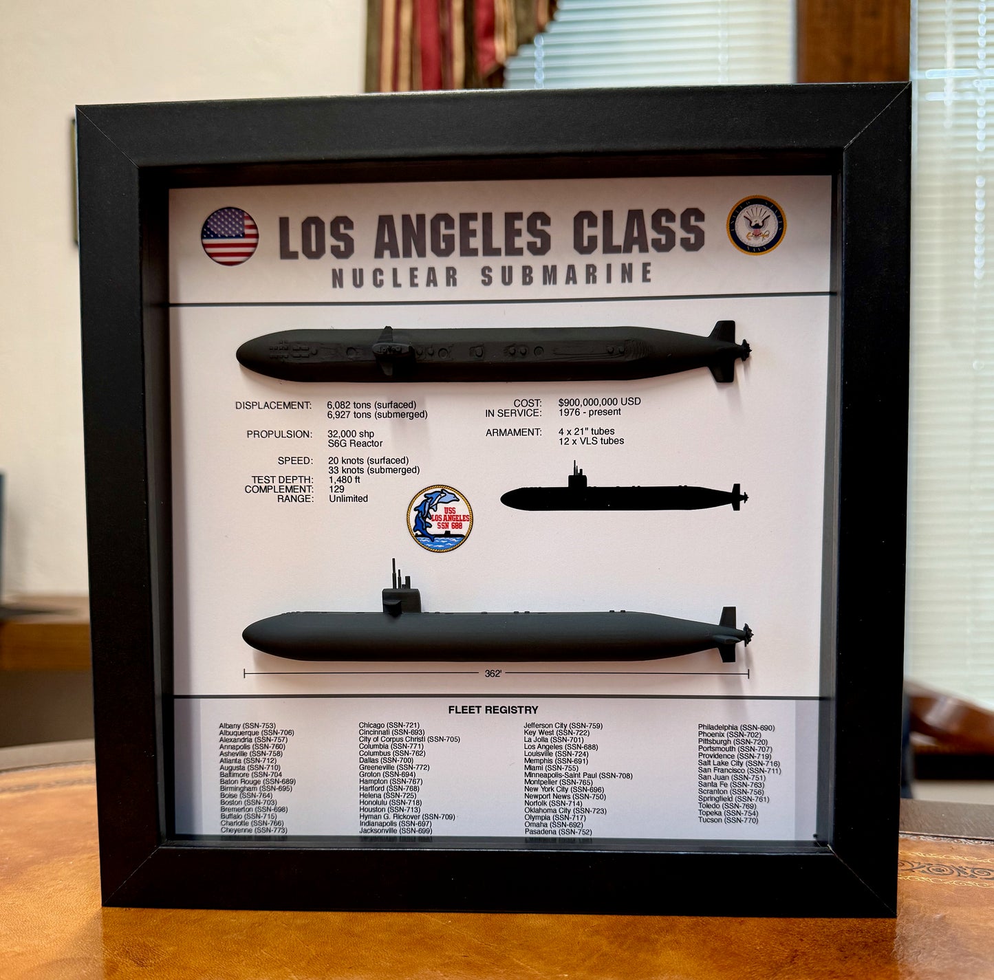 Los Angeles Class Submarine Memorial Display, 688, Shadow Box, 9" x 9", Black, Large
