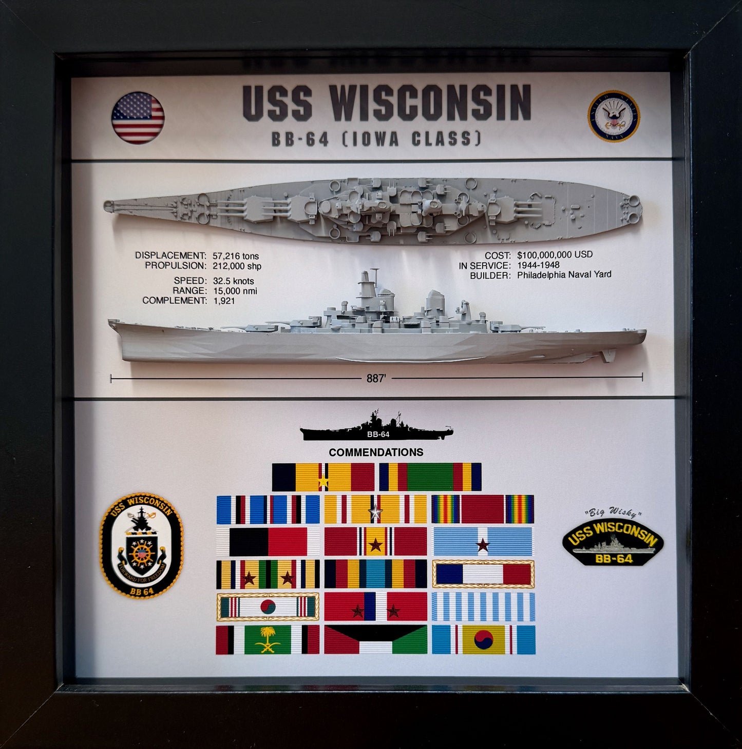 USS Wisconsin Battleship Display Shadow Box, BB-64, Iowa Class, WW2, 9" x 9", Black