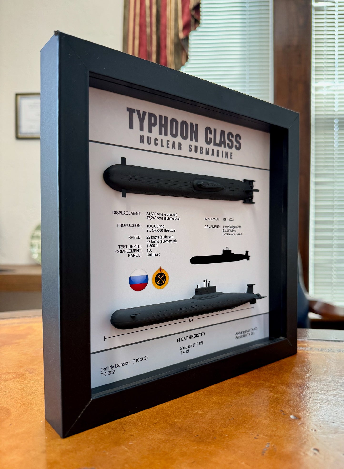 Typhoon Class Submarine Memorial Display Shadow Box, Akula Class, 9" x 9", Large, Black