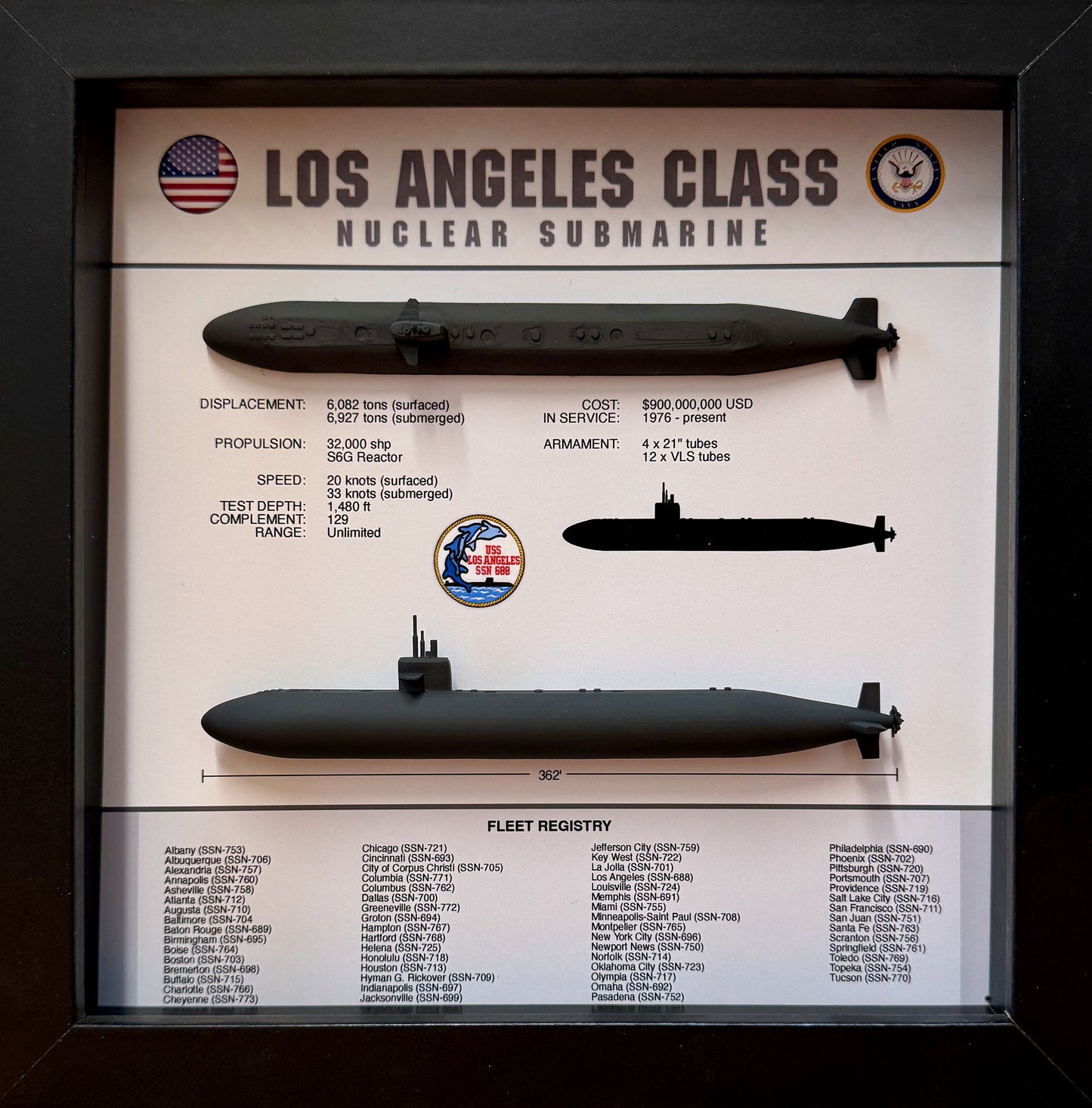 Los Angeles Class Submarine Memorial Display, 688, Shadow Box, 9" x 9", Black, Large