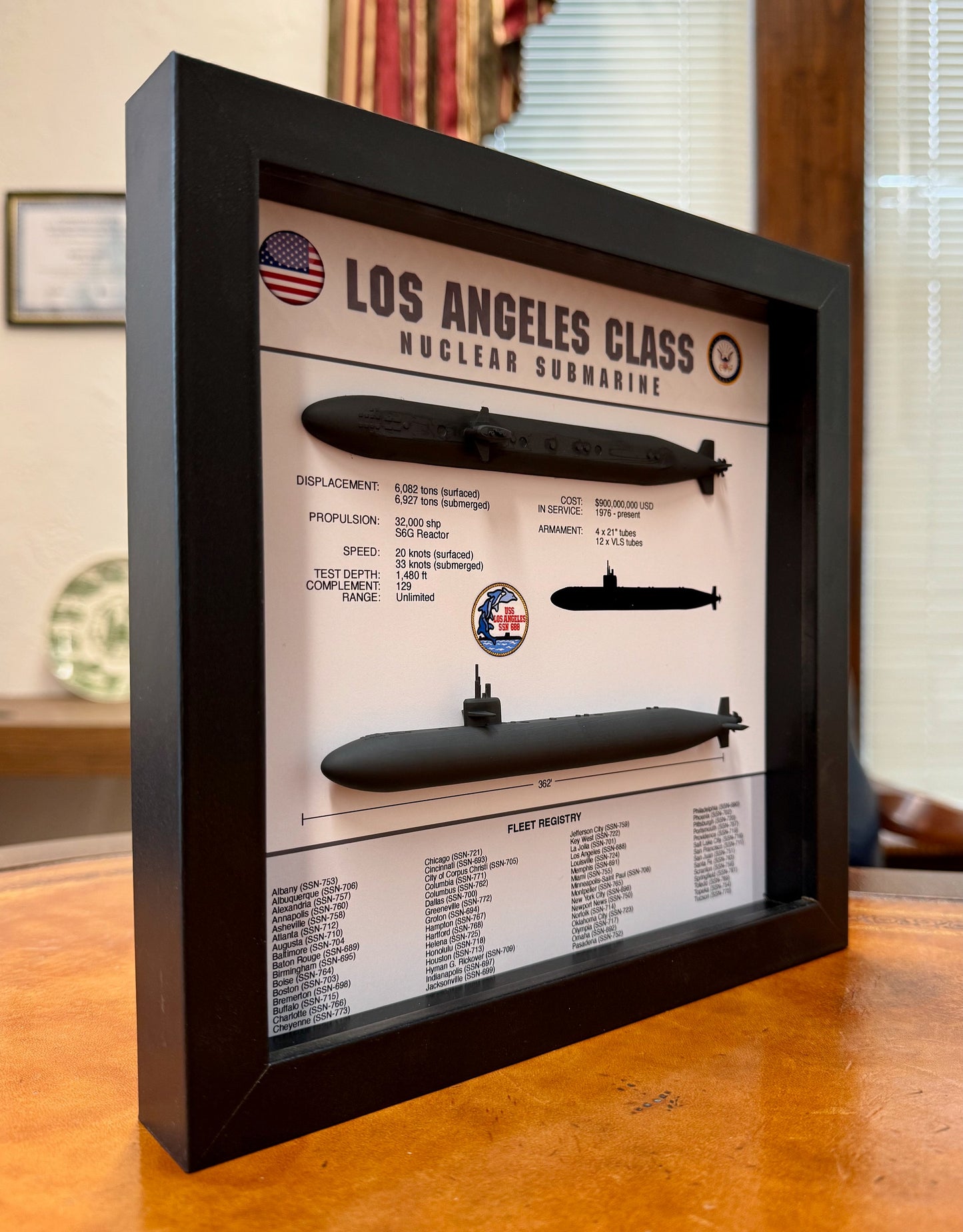 Los Angeles Class Submarine Memorial Display, 688, Shadow Box, 9" x 9", Black, Large