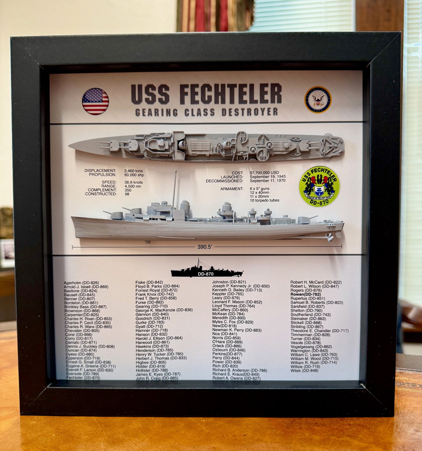 Gearing Class Destroyer Memorial Display Shadow Box, WW2, 9" x 9", Black