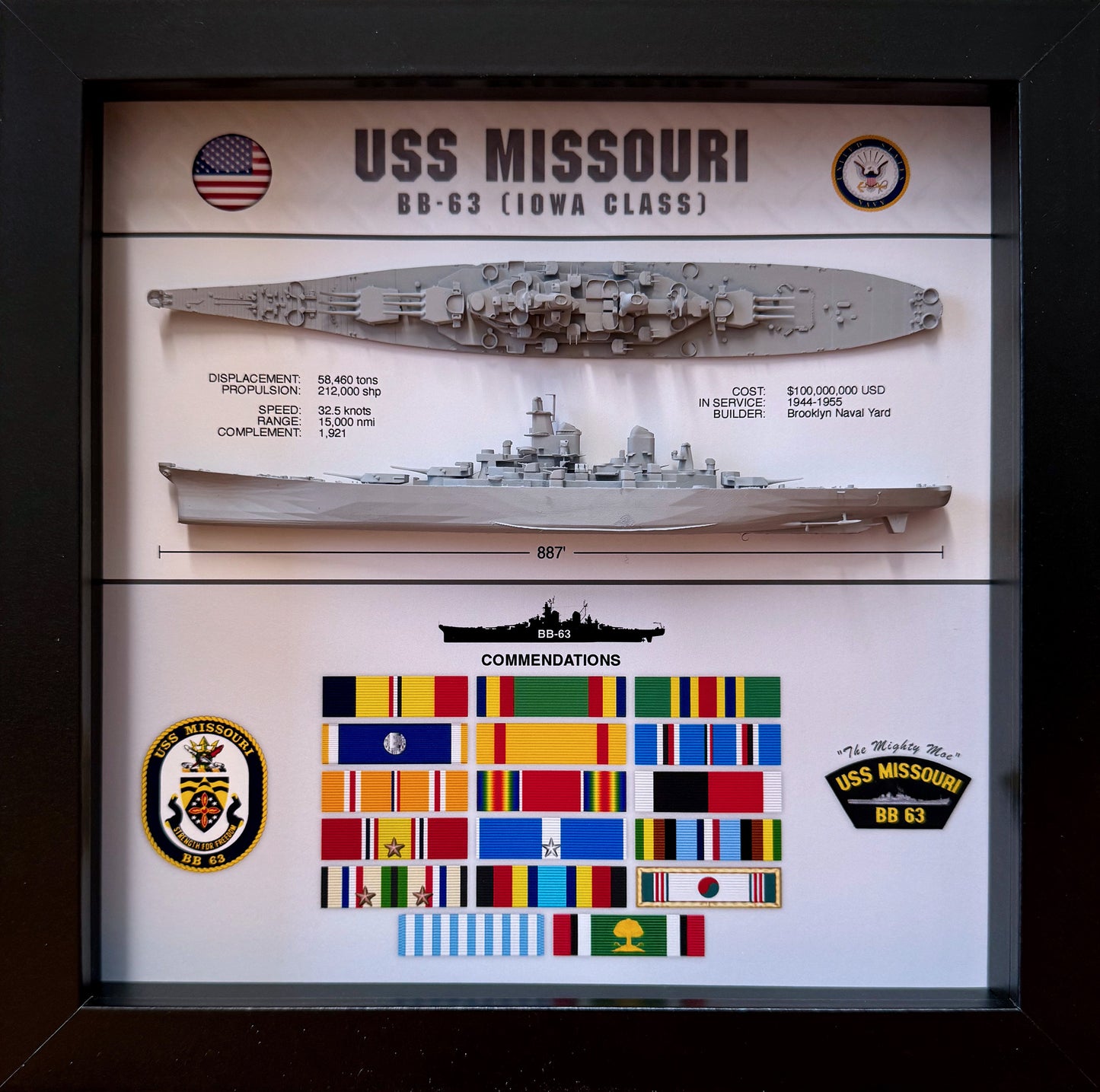 USS Missouri Battleship Display Shadow Box, BB-63, Iowa Class, WW2, 9" x 9", Black