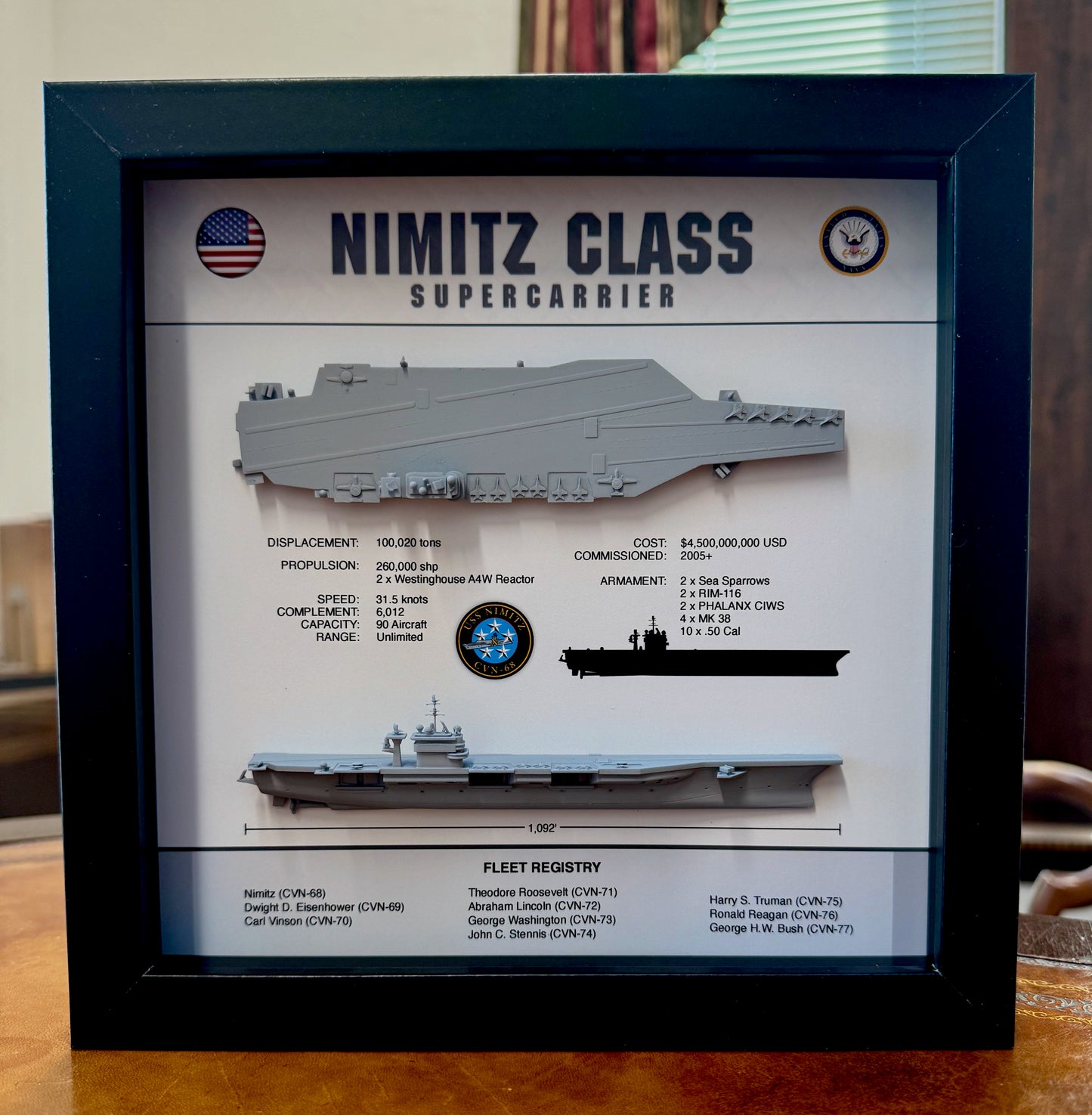 Nimitz Class Carrier Display Shadow Box, CVN-68, 9" x 9", Black