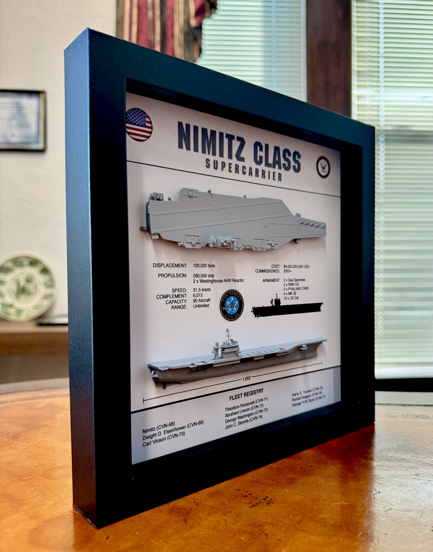 Nimitz Class Carrier Display Shadow Box, CVN-68, 9" x 9", Black