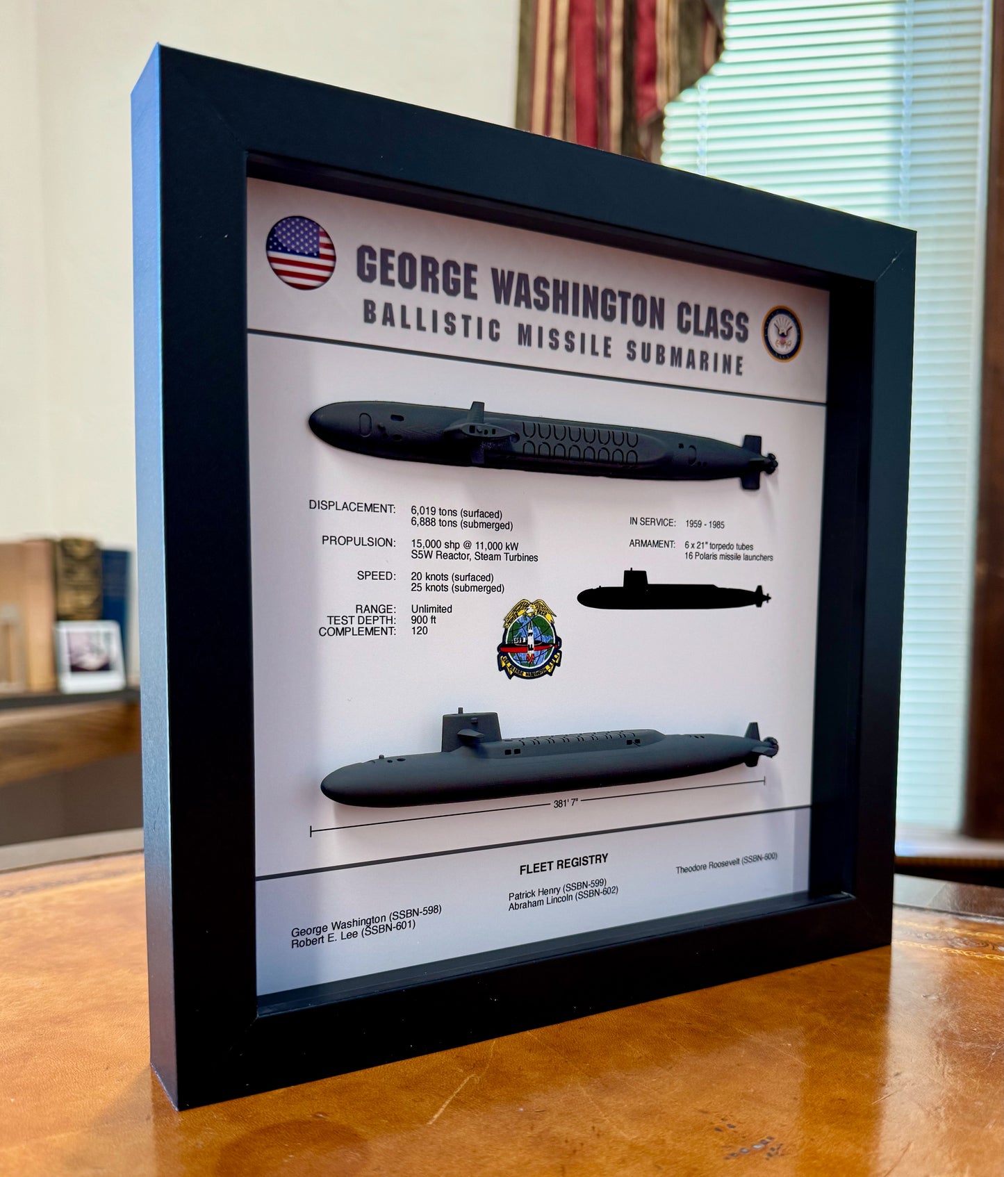 George Washington Class Submarine Memorial Display Shadow Box, 9" x 9", Large, Black