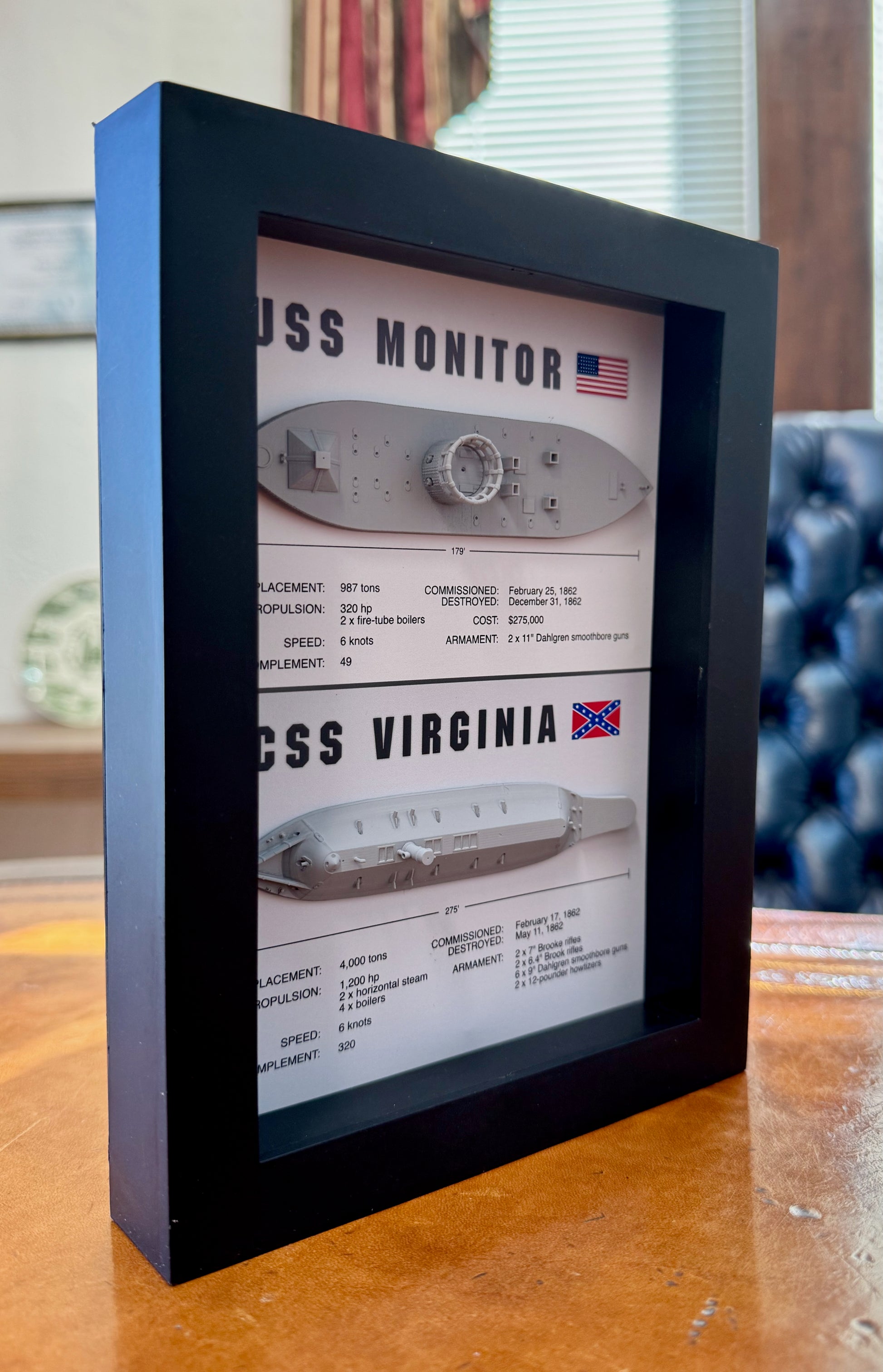 Monitor & Merrimack (CSS Virginia) Ironclad Memorial Display Shadow Bo ...