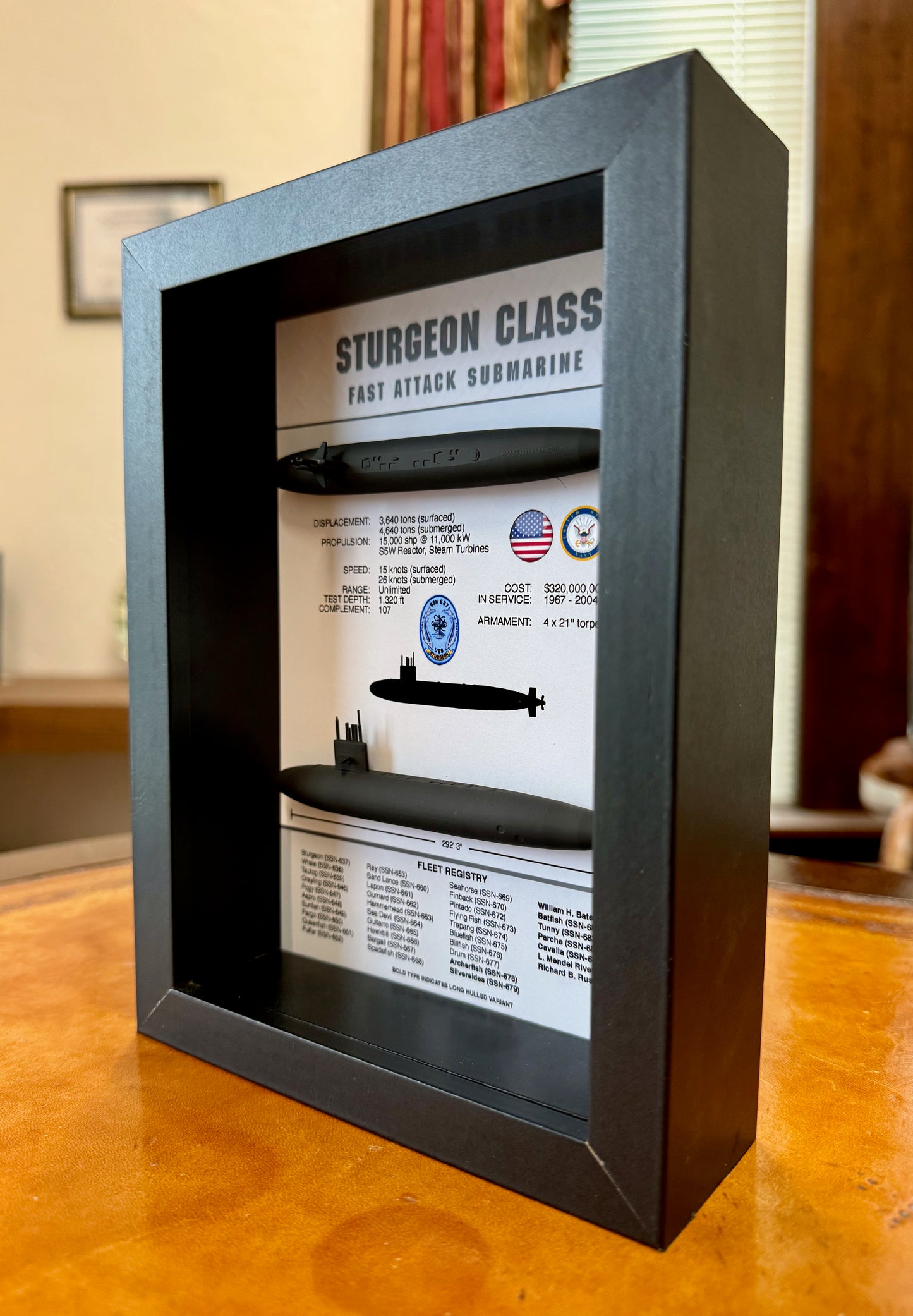 Sturgeon Class Submarine Memorial Display Shadow Box, 6" x 8", Black