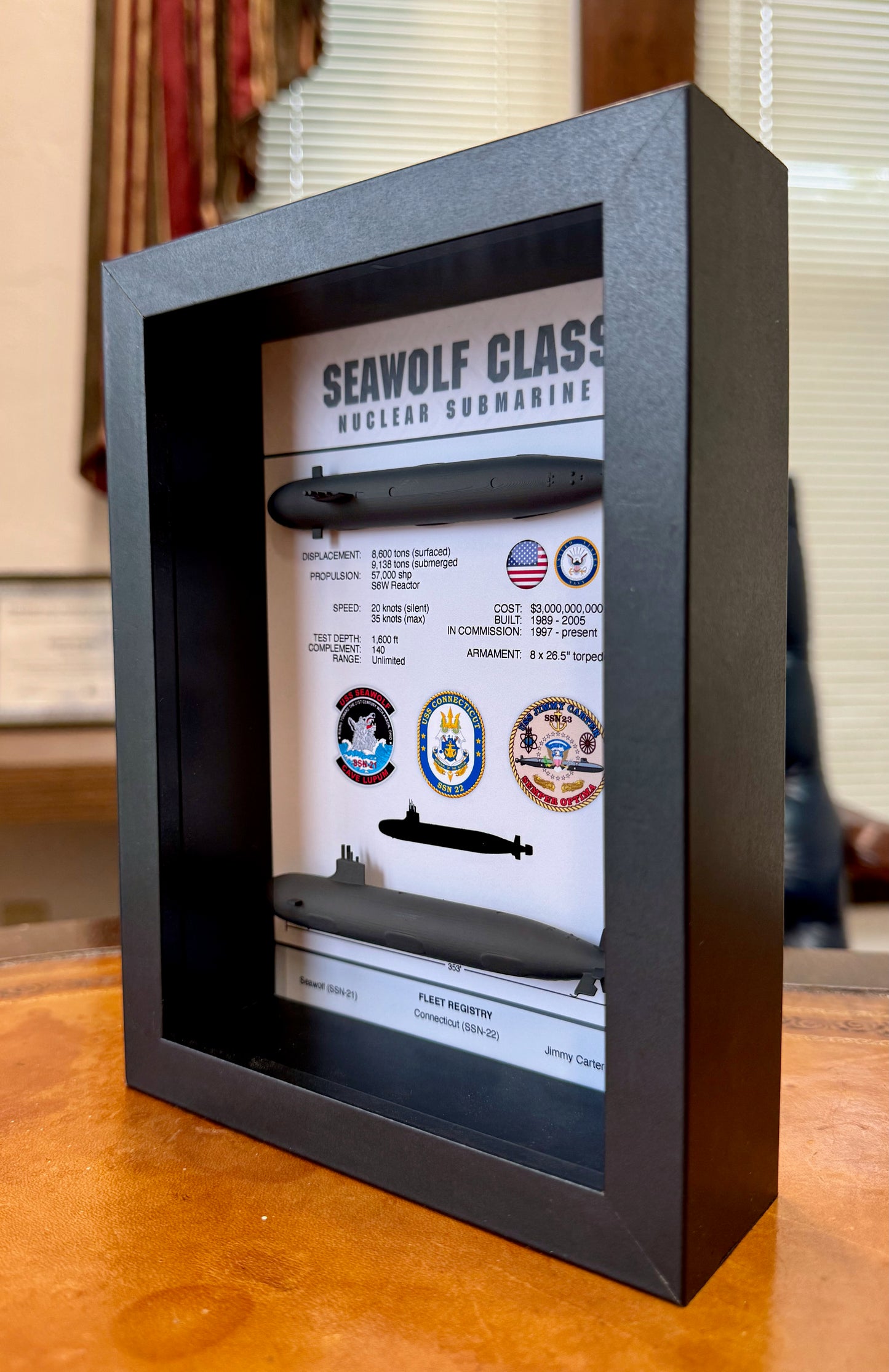 Seawolf Class Submarine Memorial Display Shadow Box, 6" x 8", Black