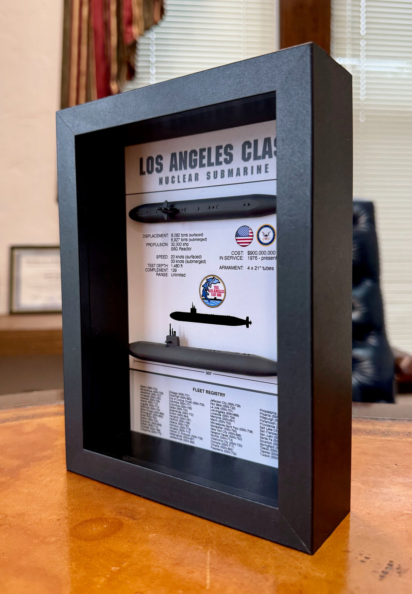 Los Angeles Class Submarine Memorial Display Shadow Box, 6" x 8", Black, 688