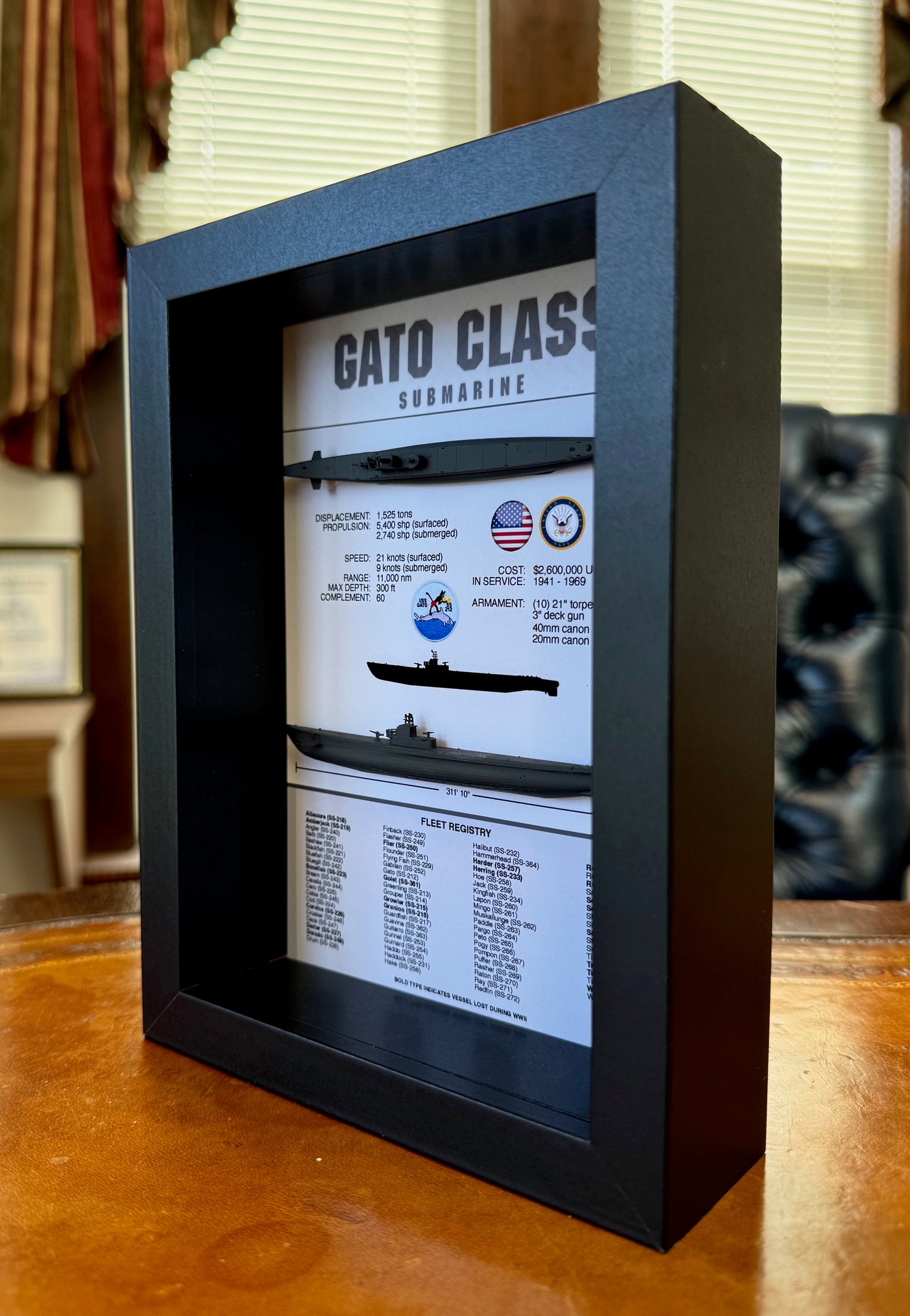 Gato Class Submarine Memorial Display Shadow Box, 6" x 8", Black
