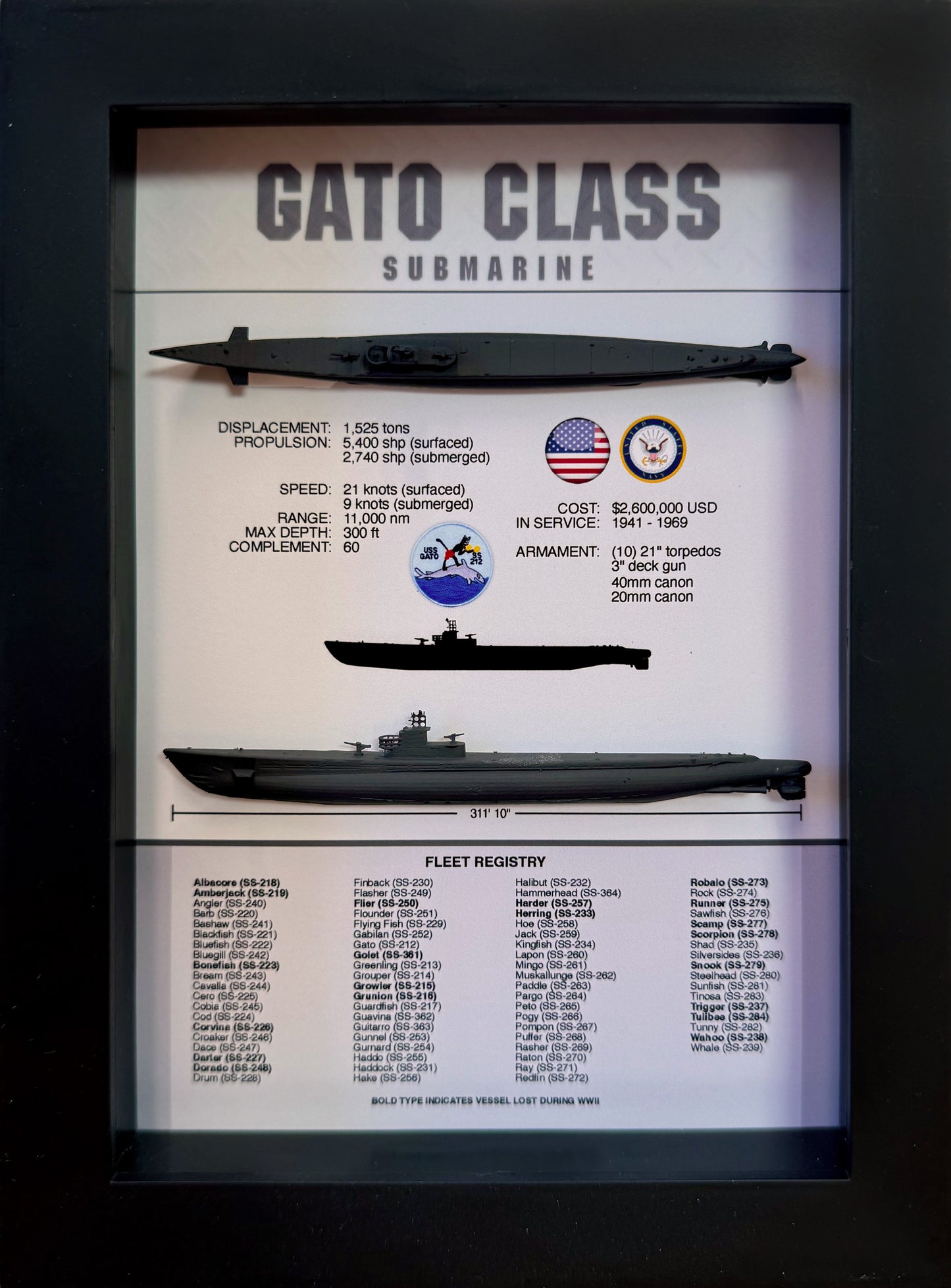 Gato Class Submarine Memorial Display Shadow Box, 6" x 8", Black