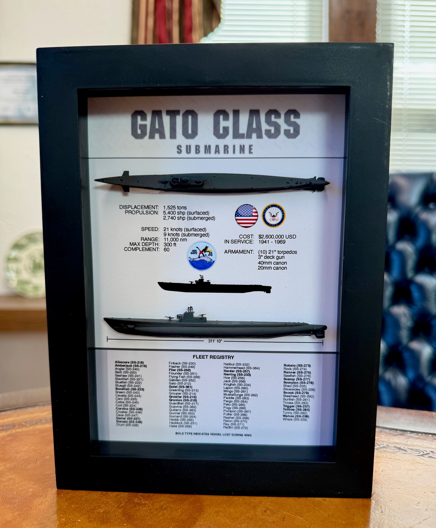 Gato Class Submarine Memorial Display Shadow Box, 6" x 8", Black