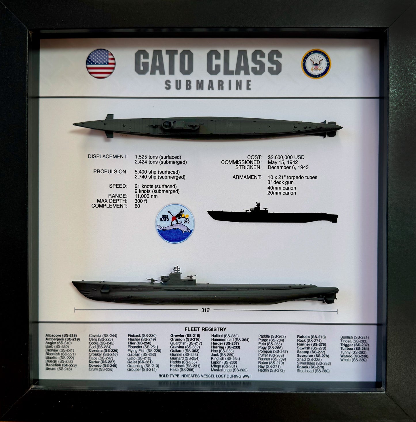 Gato Class Submarine Memorial Display Shadow Box, 9" x 9", Black, Large