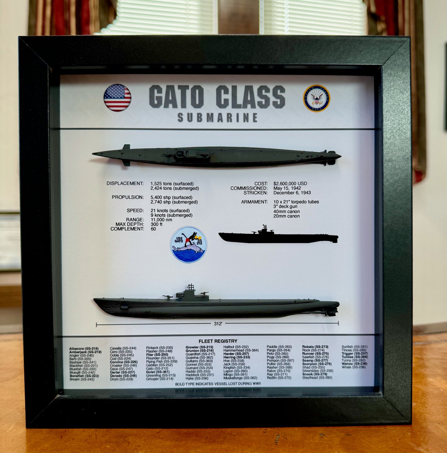 Gato Class Submarine Memorial Display Shadow Box, 9" x 9", Black, Large