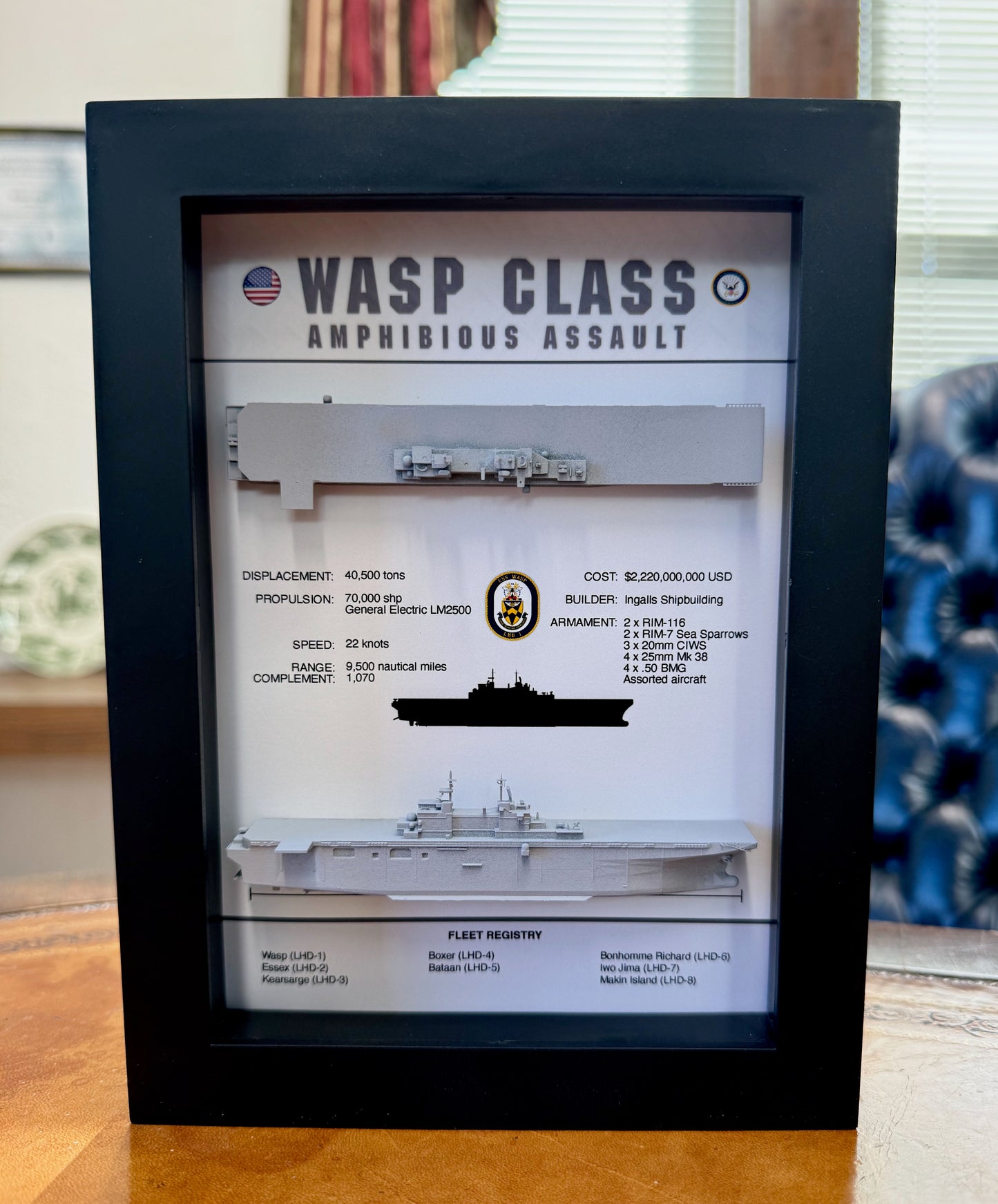 Wasp Class Amphibious Assault Vessel Memorial Display Shadow Box, 6" x 8", Black