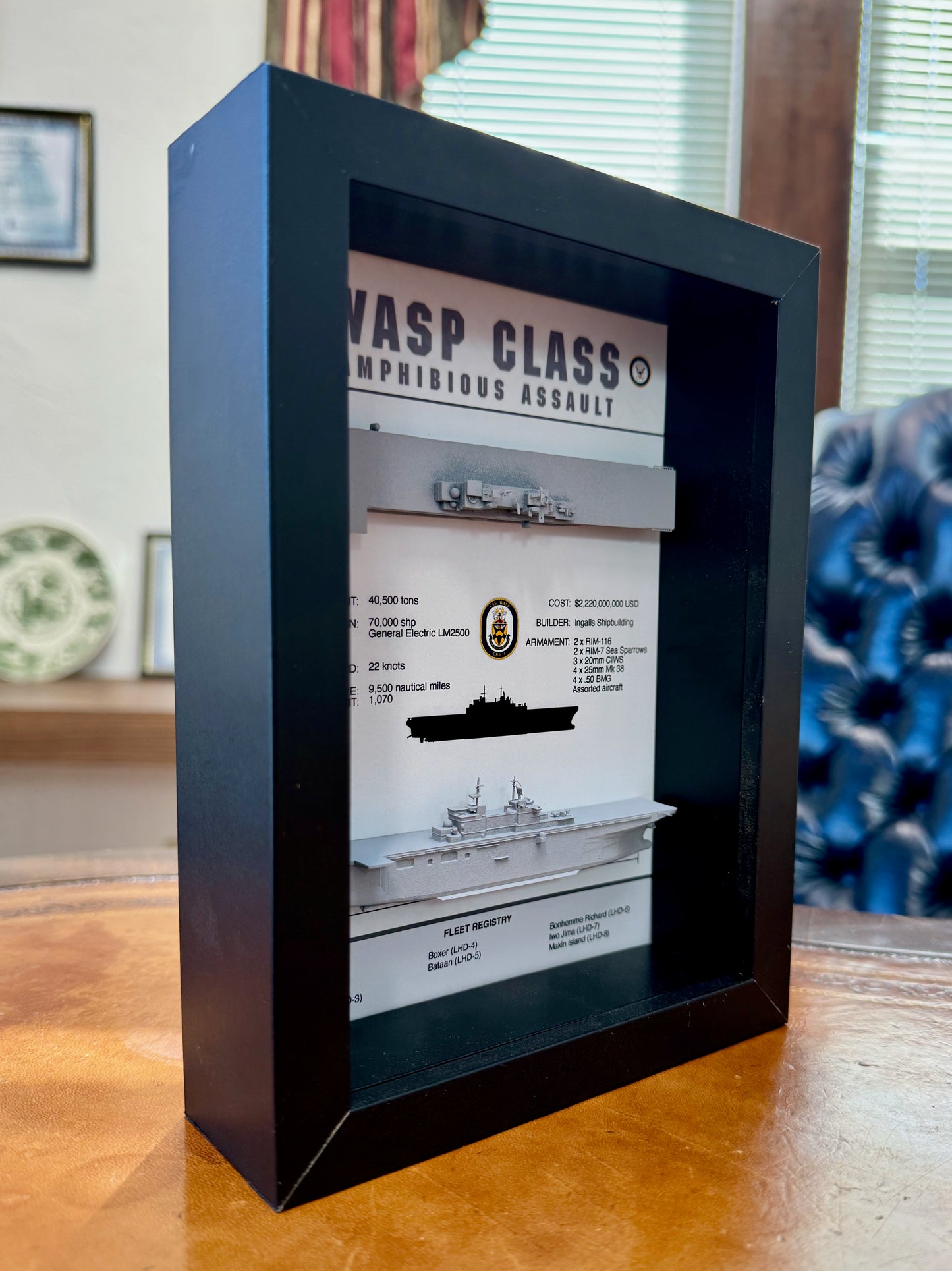 Wasp Class Amphibious Assault Vessel Memorial Display Shadow Box, 6" x 8", Black