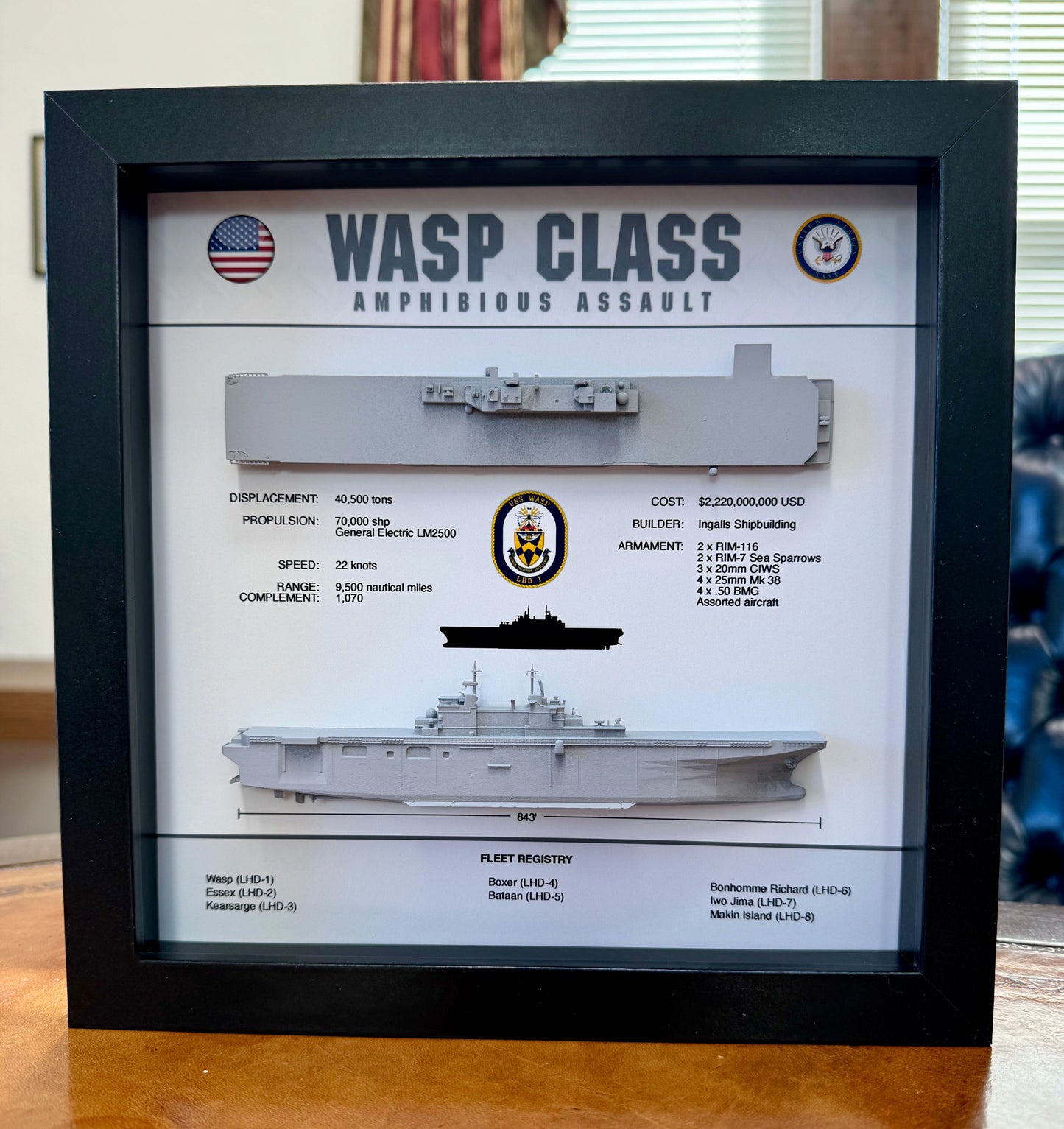 Wasp Class Amphibious Assault Vessel Memorial Display Shadow Box, 9" x 9", Black