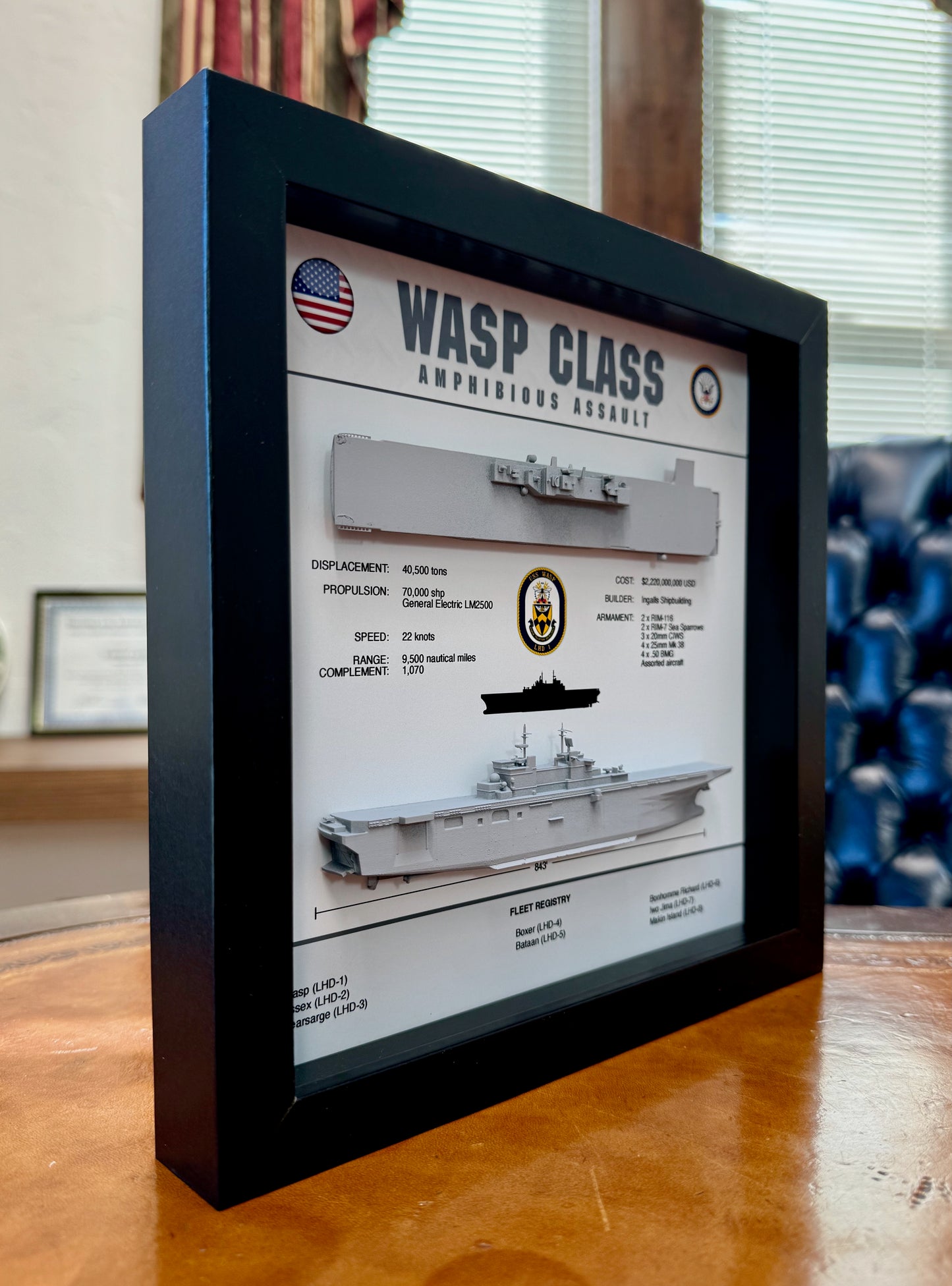 Wasp Class Amphibious Assault Vessel Memorial Display Shadow Box, 9" x 9", Black