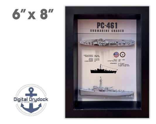 PC-461 Class Submarine Chaser Display Shadow Box, WW2, 6" x 8", Black