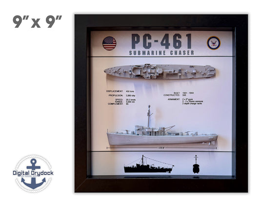 PC-461 Class Submarine Chaser Display Shadow Box, WW2, 9" x 9"