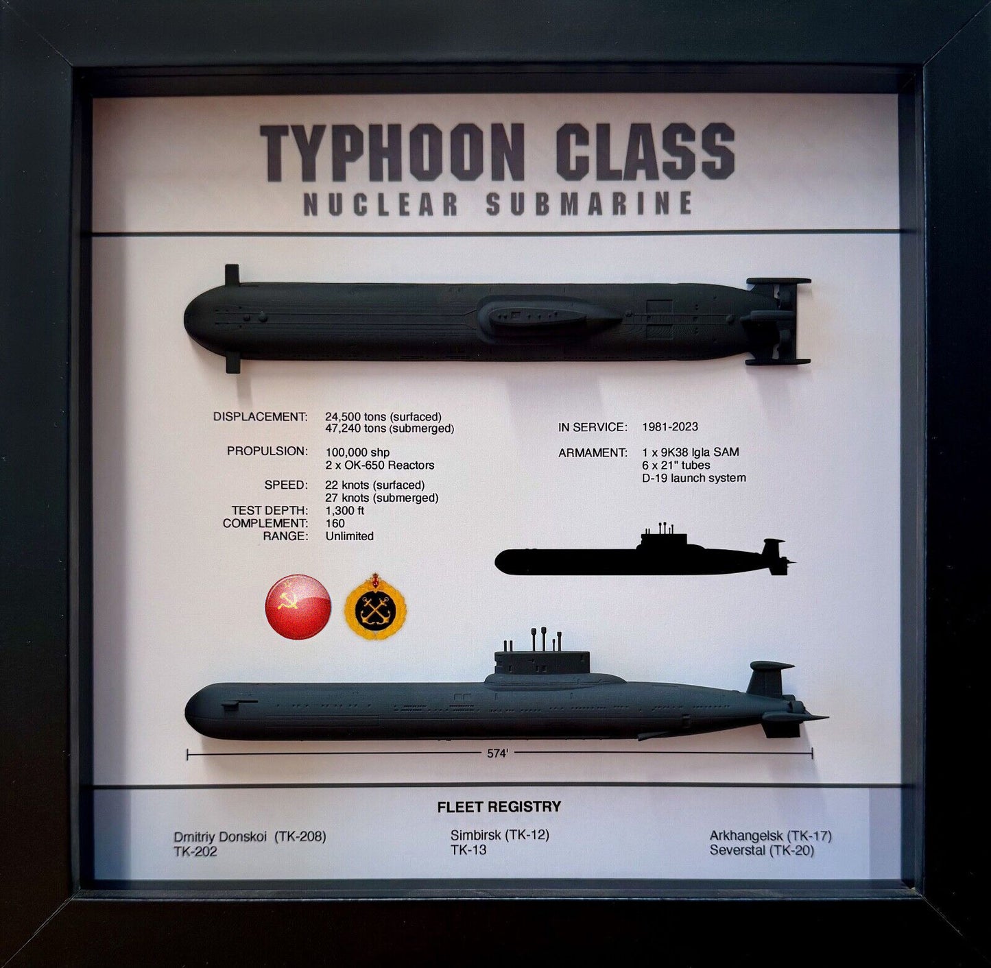 Typhoon Class Submarine Memorial Display Shadow Box, Akula Class, 9" x 9", Large, Black