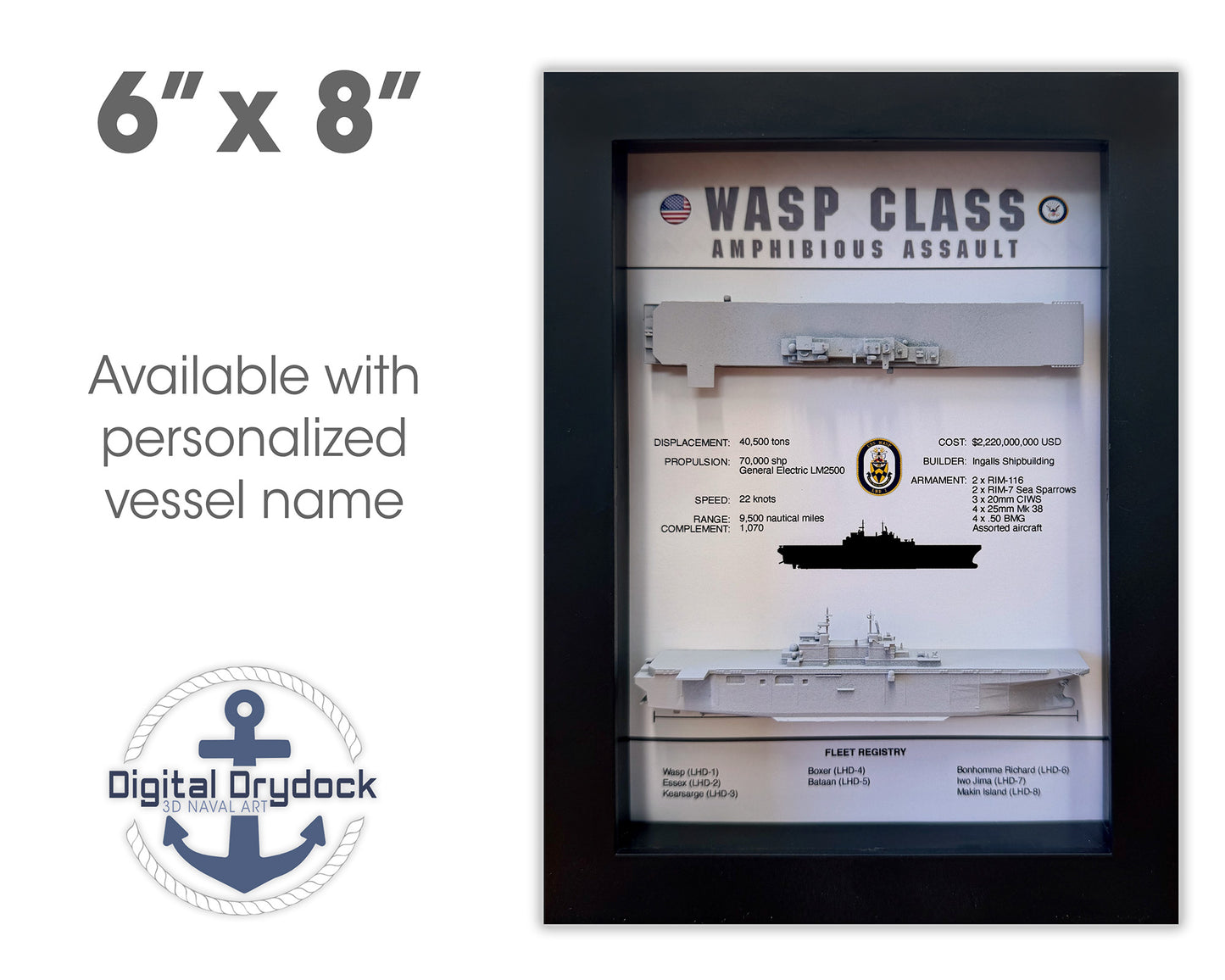 Wasp Class Amphibious Assault Vessel Memorial Display Shadow Box, 6" x 8", Black