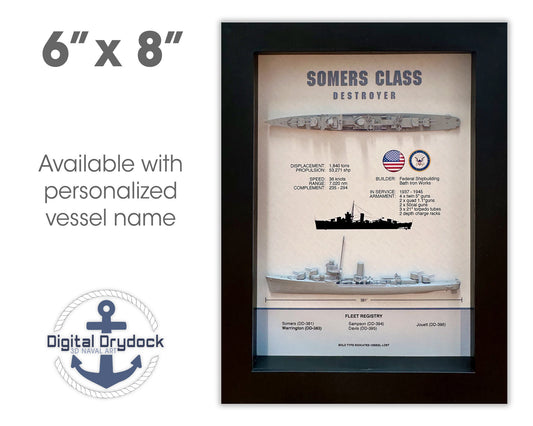 Somers Class Destroyer Memorial Display Shadow Box, WW2, 6" x 8", Black
