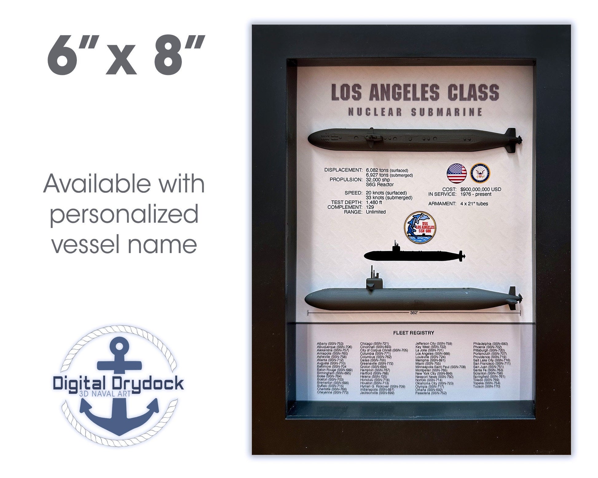 Los Angeles Class Submarine Memorial Display Shadow Box, 6" x 8