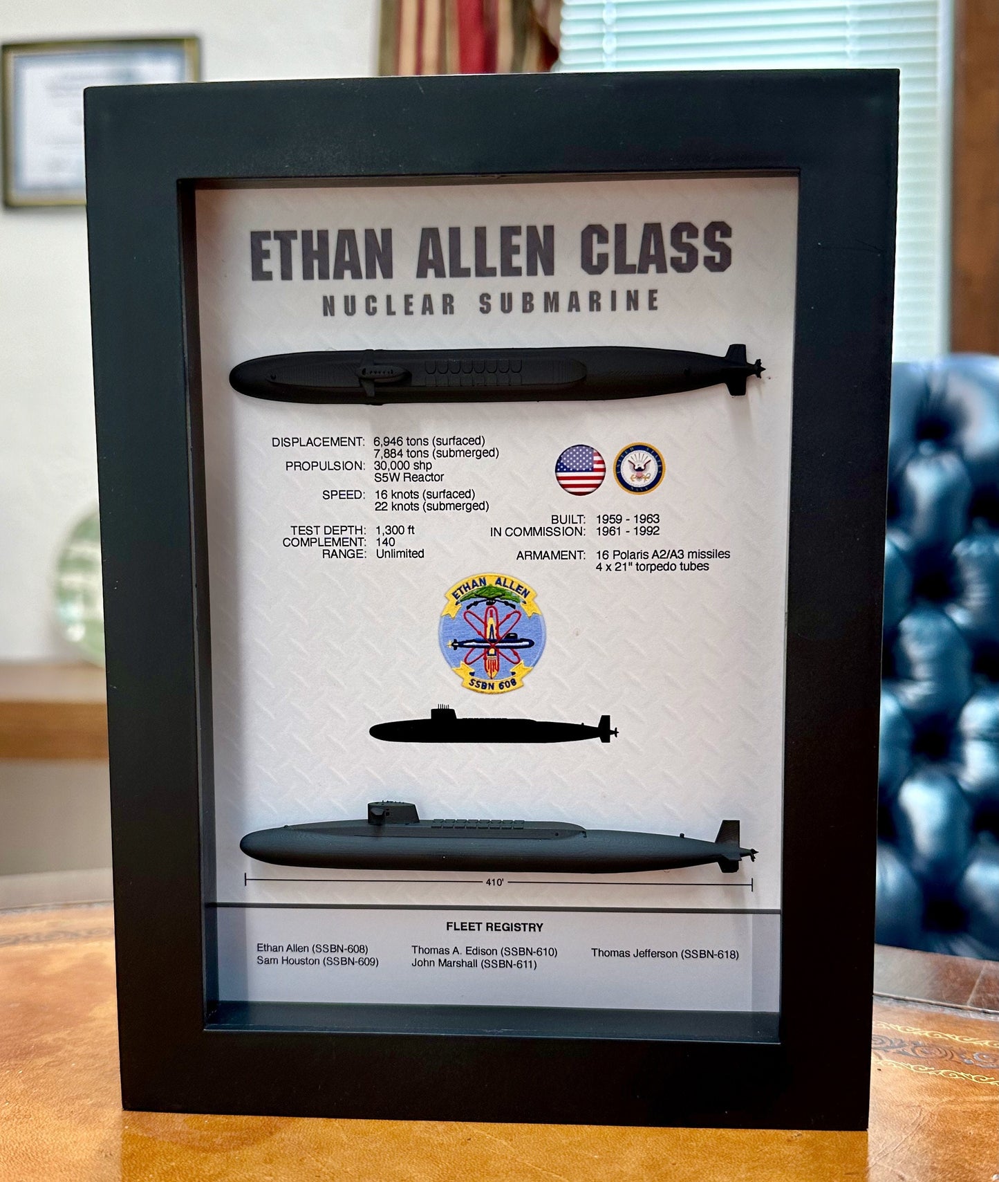 Ethan Allen Class, Submarine Memorial Display Shadow Box, 6" x 8", Black