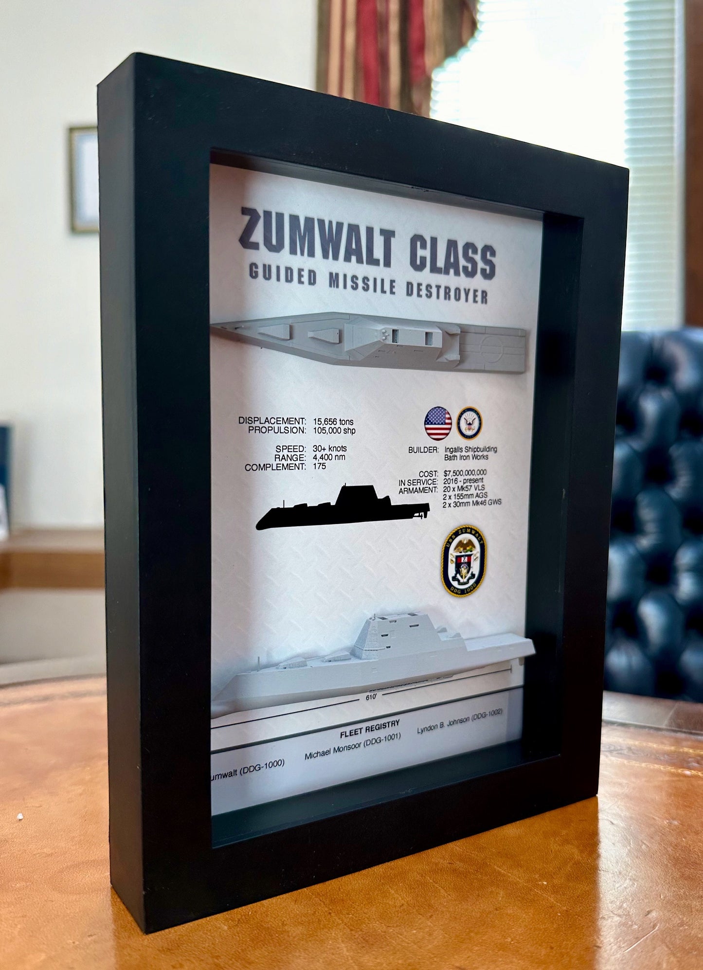Zumwalt Class, Guided Missile Destroyer Memorial Display Shadow Box, 6" x 8", Black