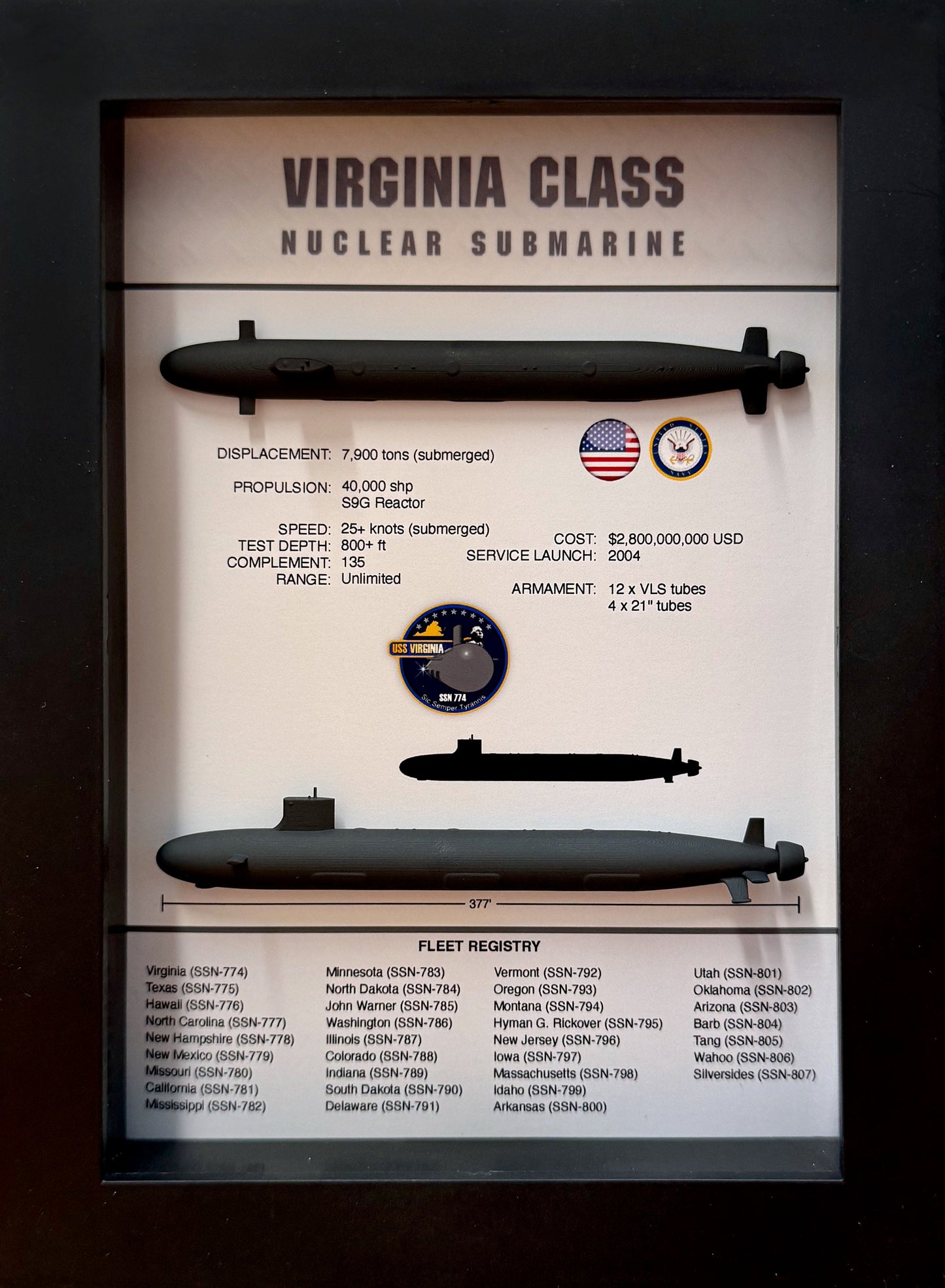 Virginia Class Submarine Memorial Display Shadow Box, SSN-774, 6" x 8", Black
